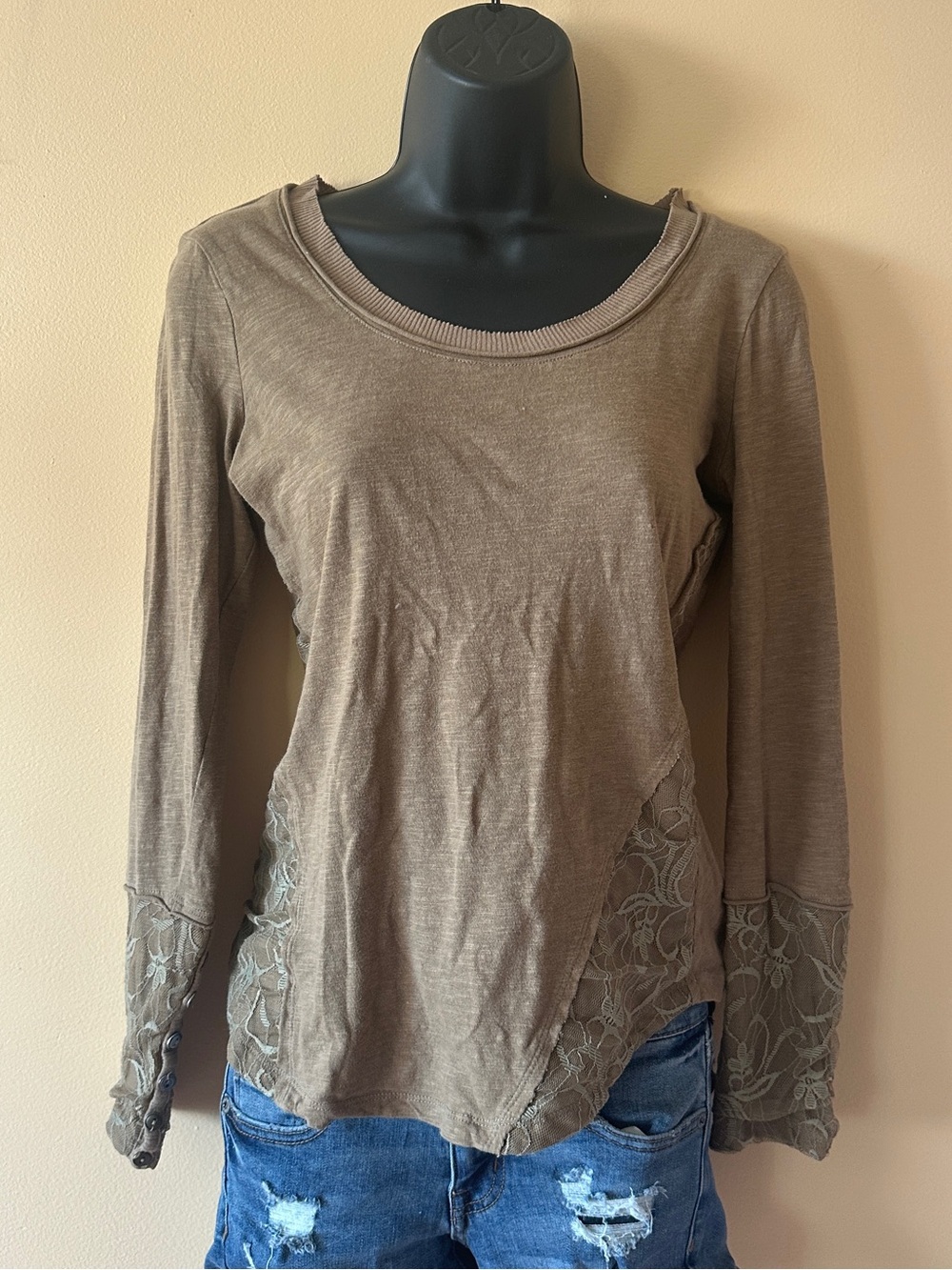 Vintage BKE Taupe Lace Detail Long Sleeve Top | Size XS